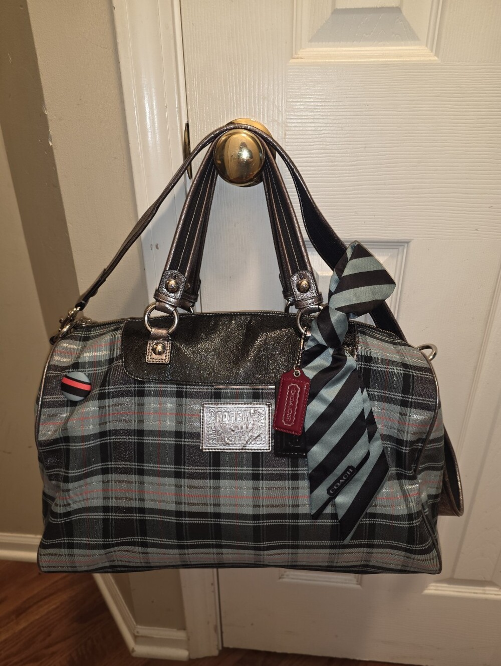 Vintage Coach Poppy Tartan Blue Plaid Duffle Style Bag with Striped Scarf 15883